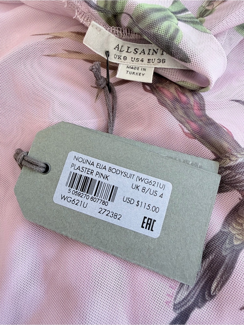 AllSaints Pink Sheer Floral & Bird Mock Neck Long Sleeve Bodysuit - Picture 14 of 14
